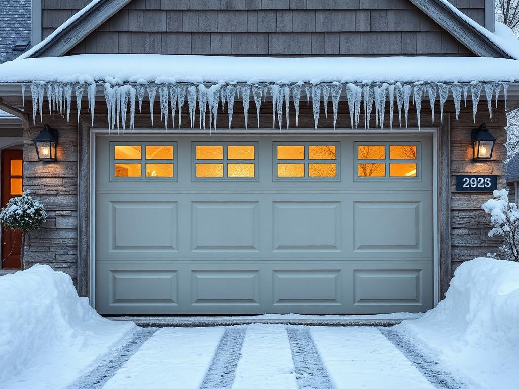 Garage door in winter with snow and ice