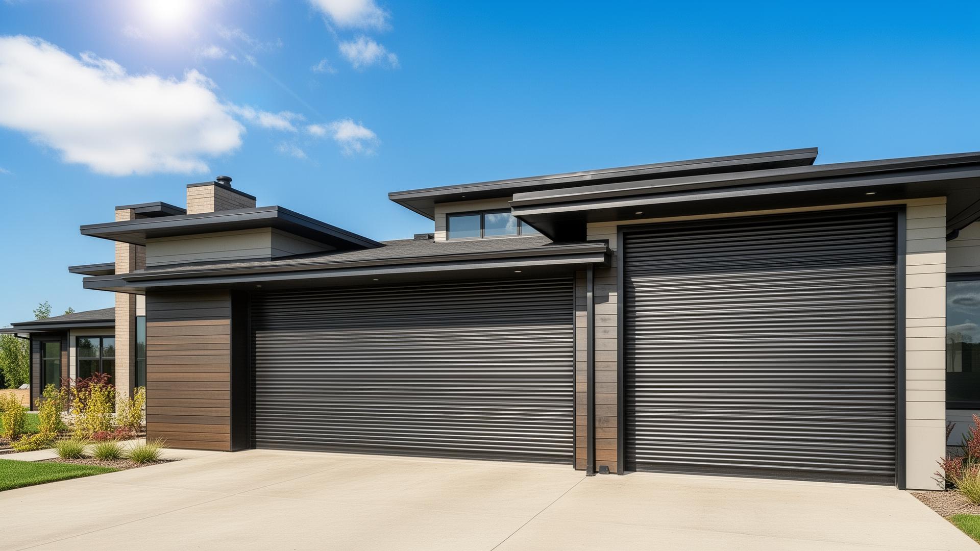 Modern prairie style home with industrial ribbed steel garage doors in Sandy Oregon