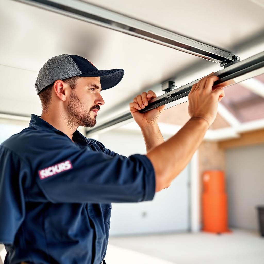 Garage door repair technician adjusting door track